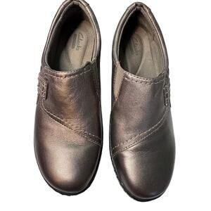 Clarks Metallic Pewter Leather Slip-On Comfort Loafers Casual Flat Shoes 7.5